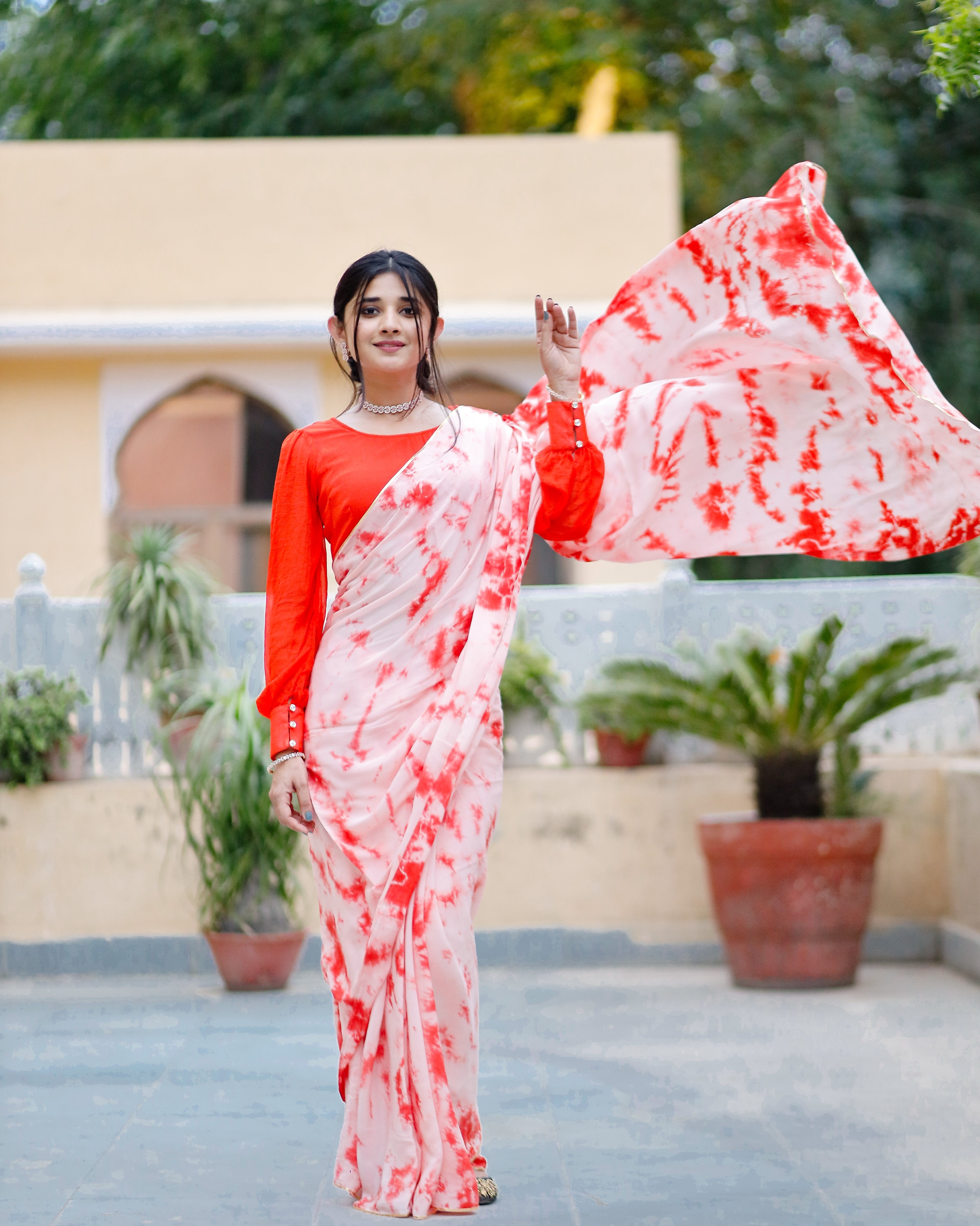 Melon Orange Tie & Dye Saree