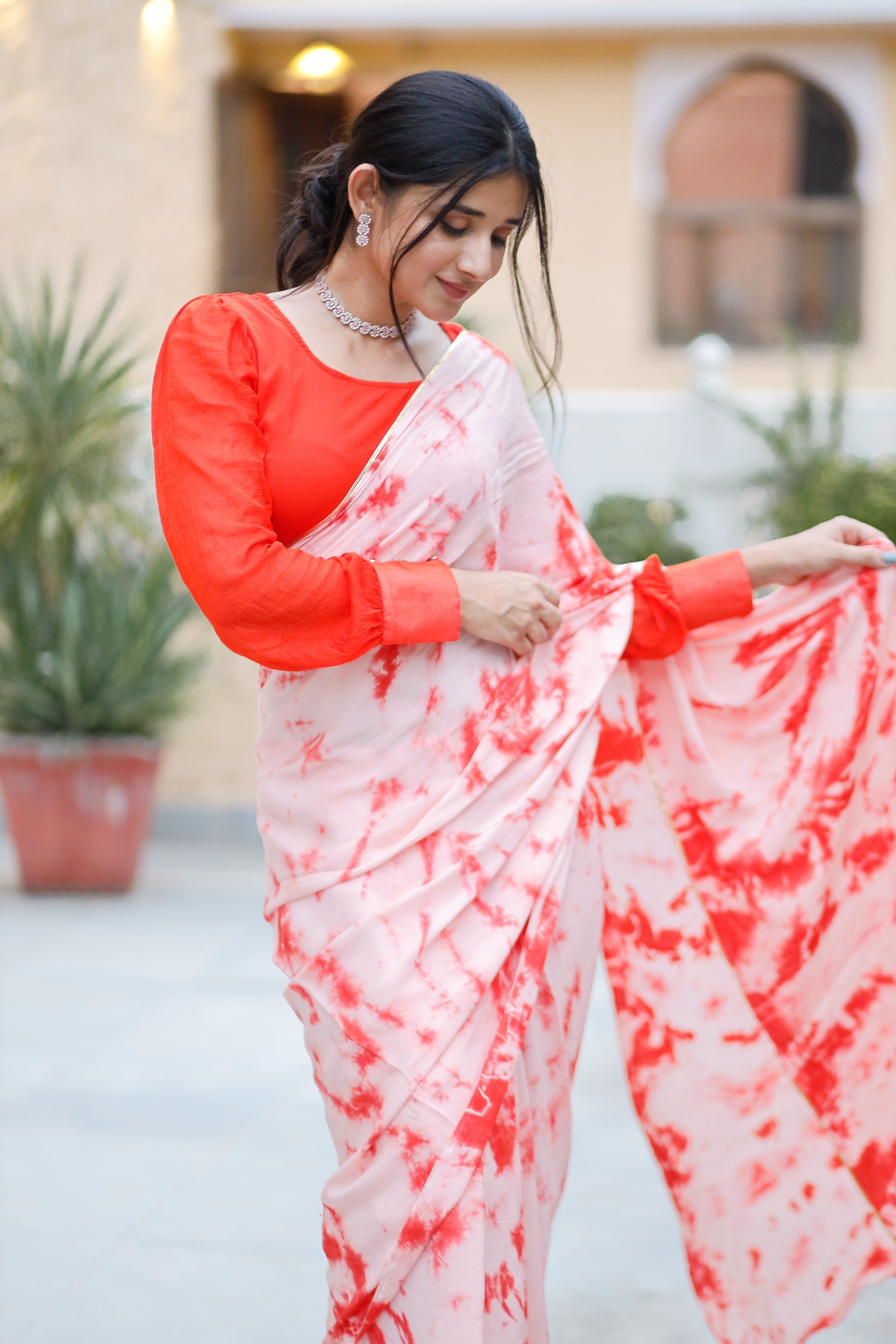 Melon Orange Tie & Dye Saree