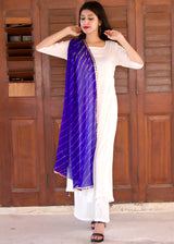 A Beautiful White Kurta Set With Blue Lehariya Shaded Dupatta