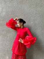 Red leheriya fusion suit set with Balloon sleeves