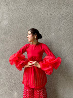 Red leheriya fusion suit set with Balloon sleeves
