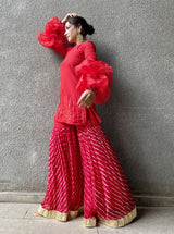 Red leheriya fusion suit set with Balloon sleeves