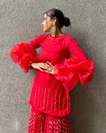 Red leheriya fusion suit set with Balloon sleeves