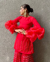 Red leheriya fusion suit set with Balloon sleeves