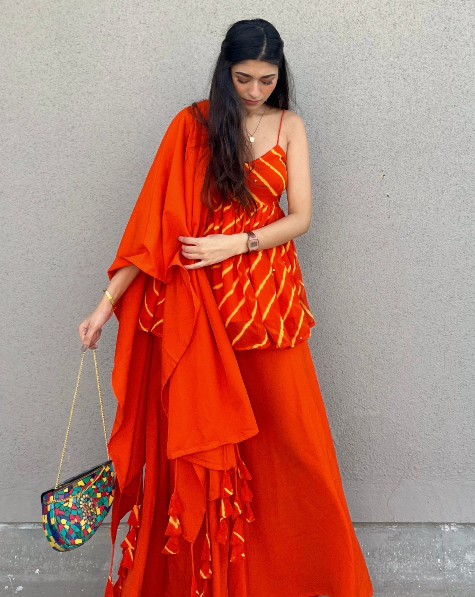 Spaghetti Orange Leheriya Suit Set