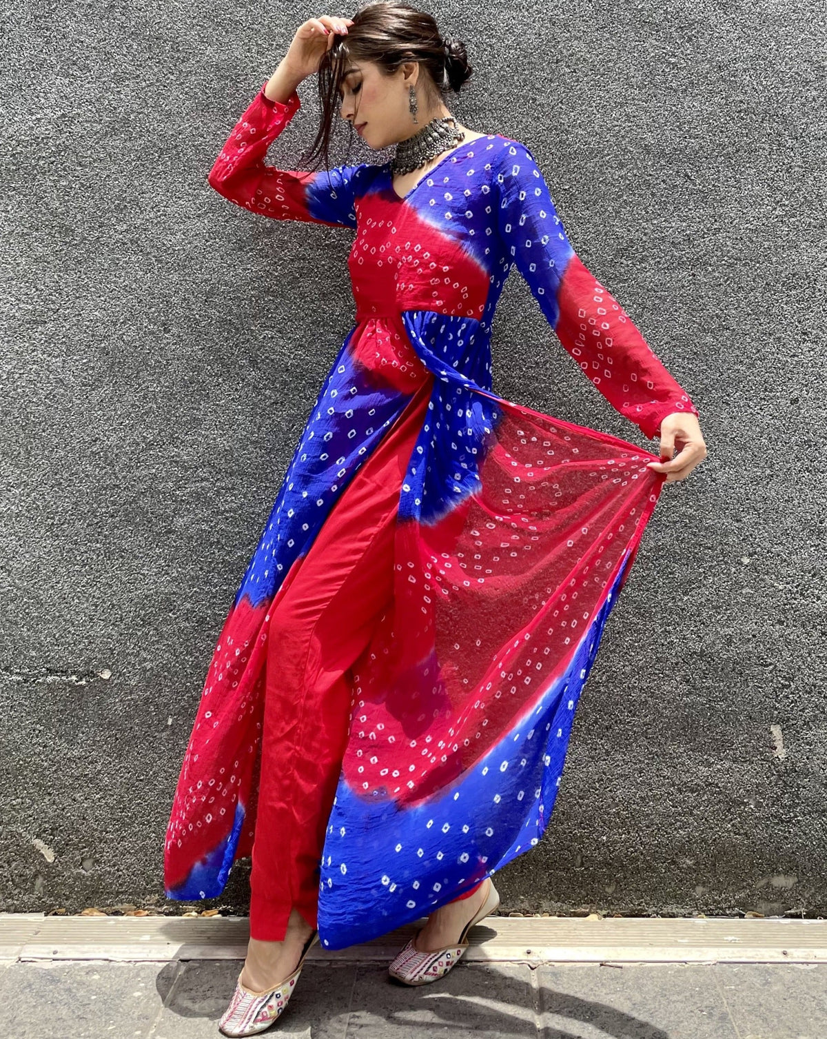 Exclusive Red blue multicolor bandhej suit set