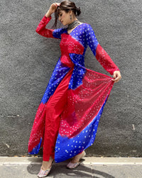 Exclusive Red blue multicolor bandhej suit set