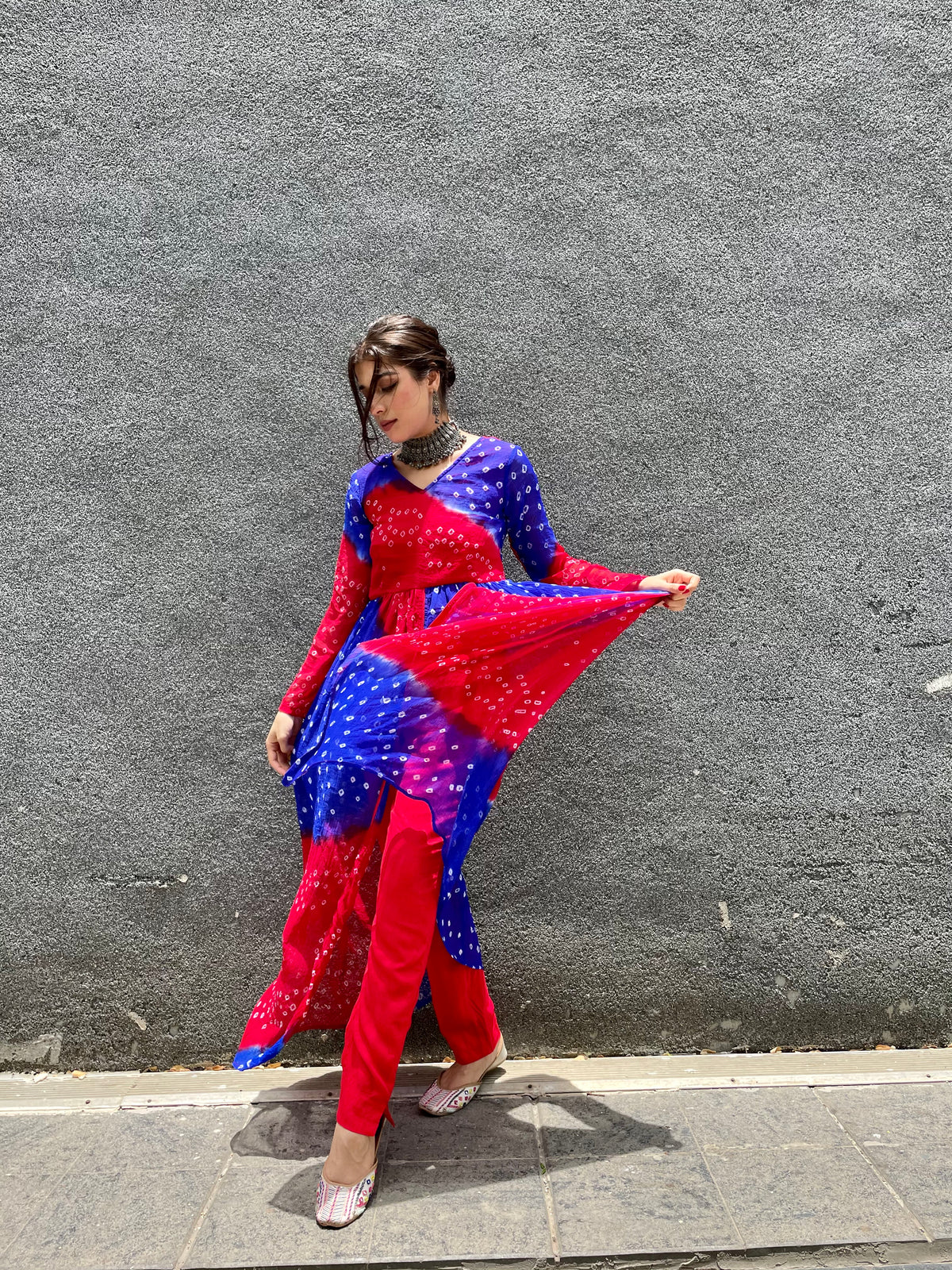Exclusive Red blue multicolor bandhej suit set