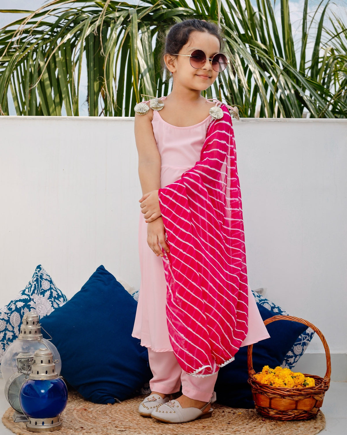 Peasant Pink Suit Set with Leheriya Dupatta