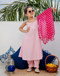 Peasant Pink Suit Set with Leheriya Dupatta