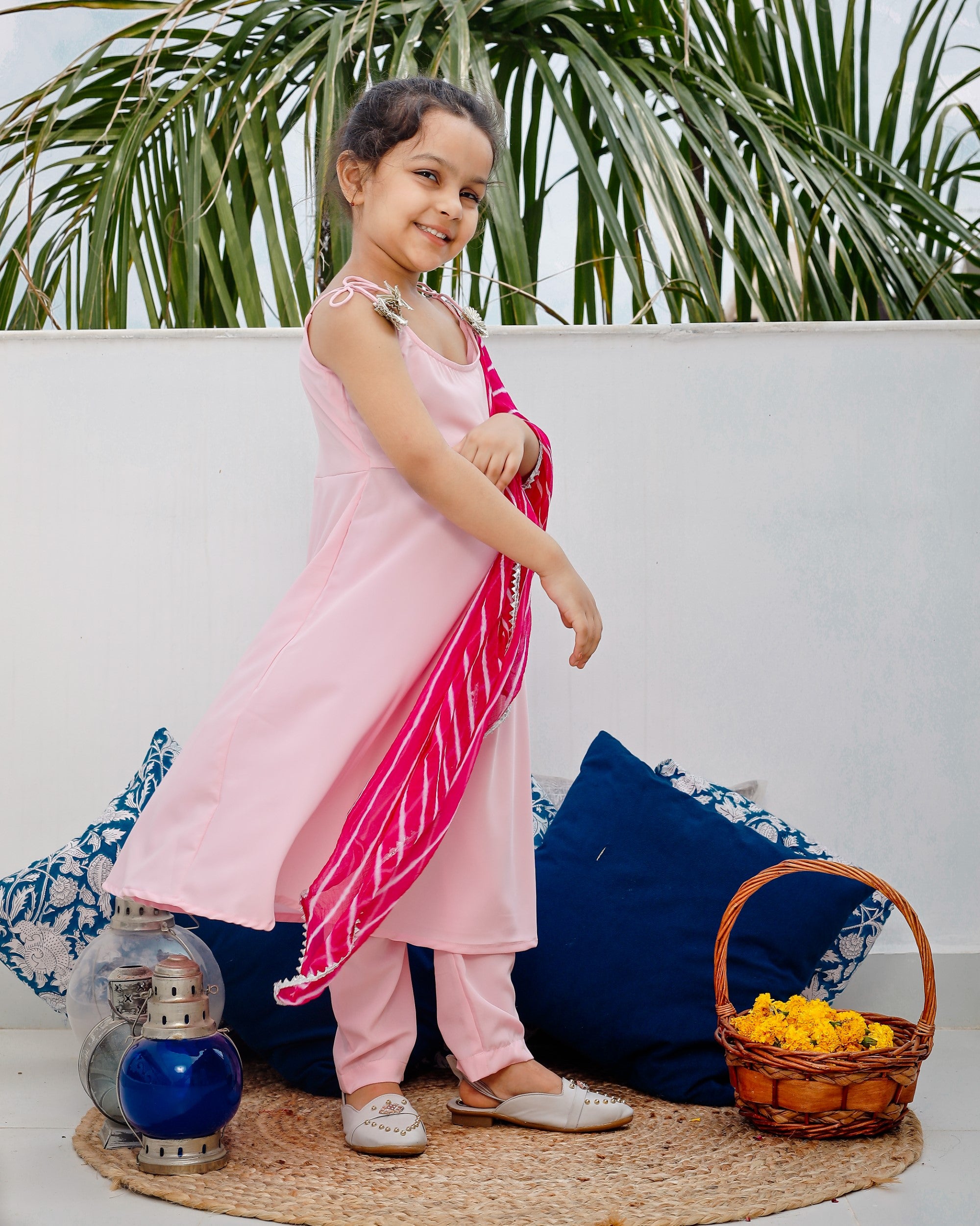 Peasant Pink Suit Set with Leheriya Dupatta