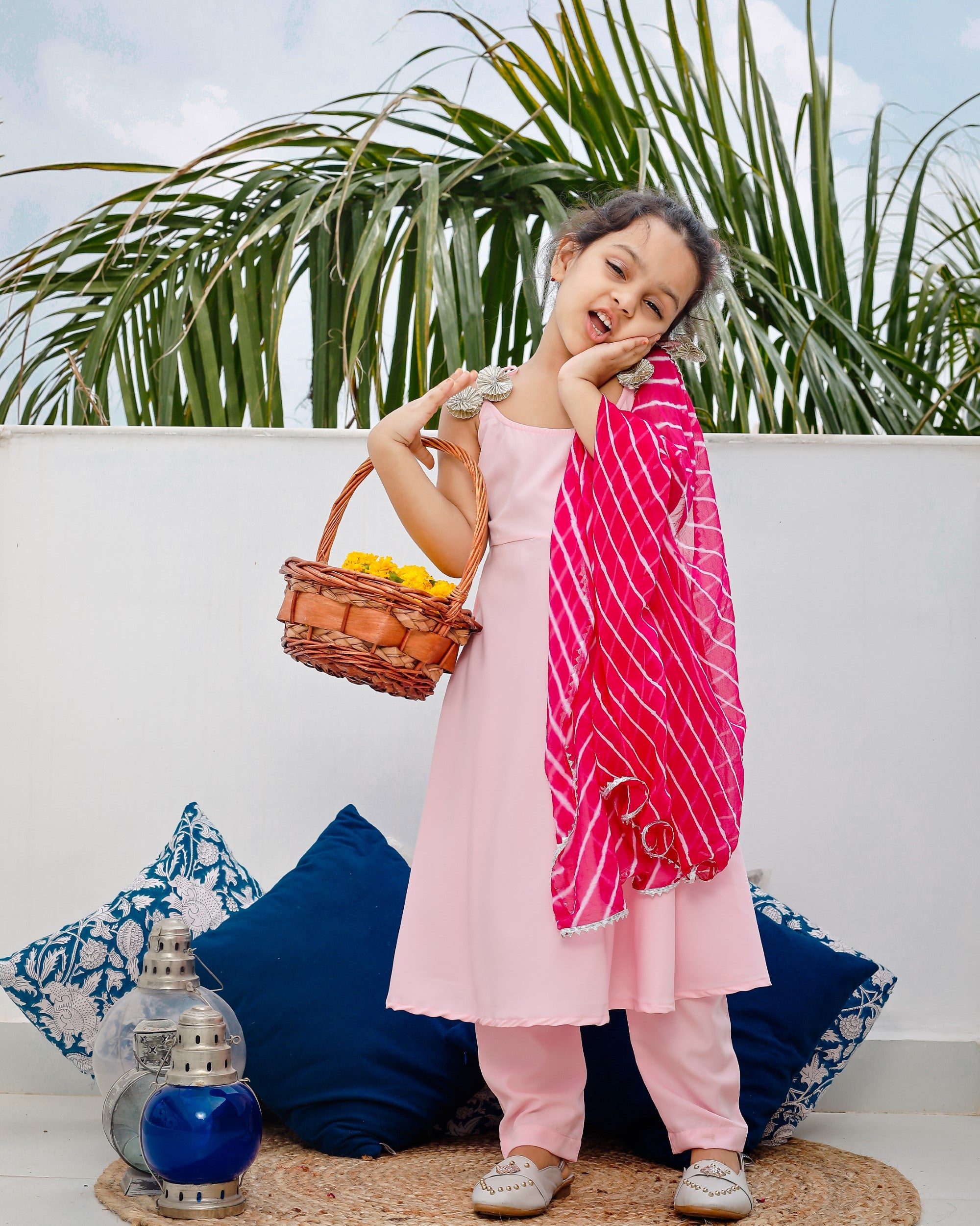 Peasant Pink Suit Set with Leheriya Dupatta