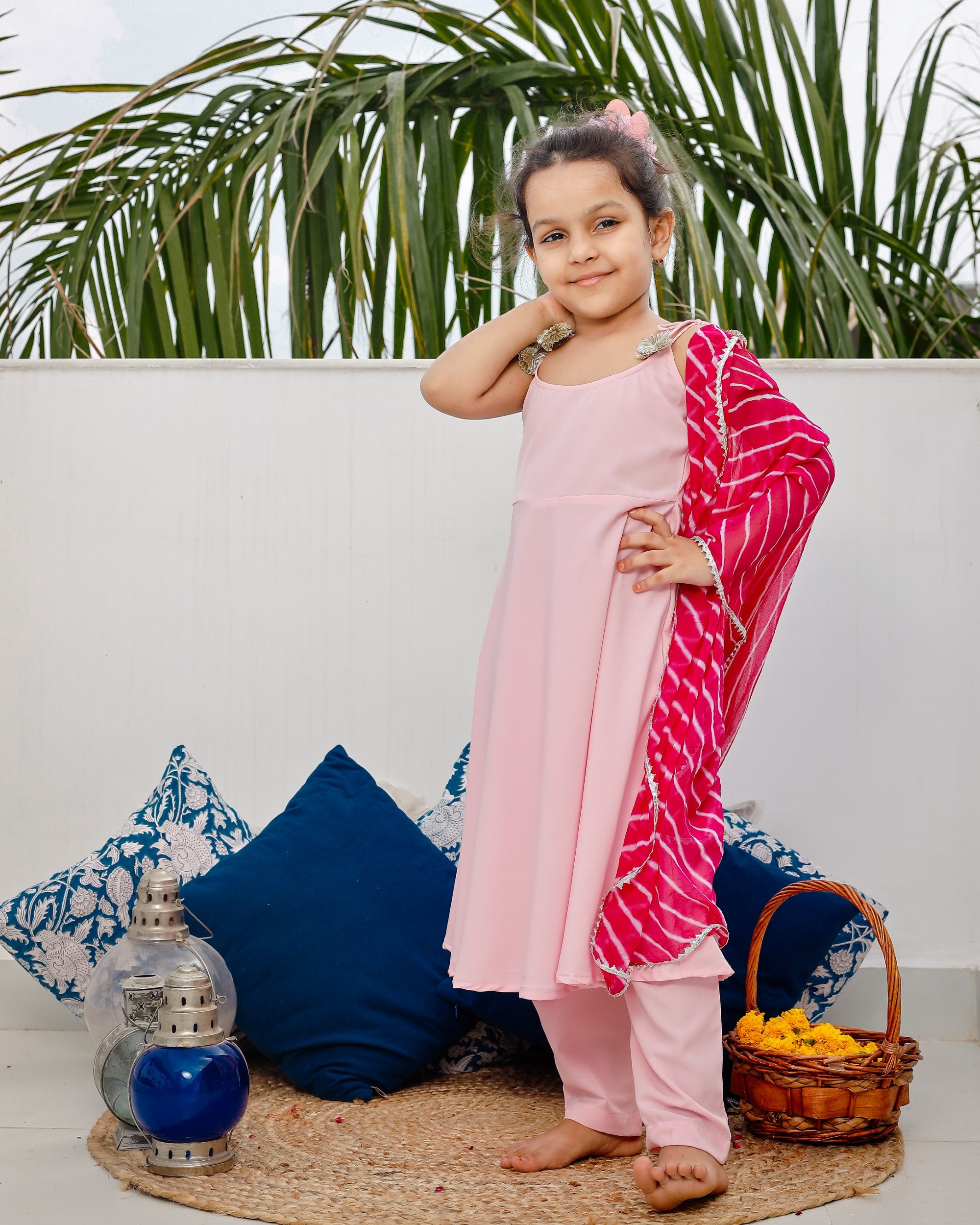 Peasant Pink Suit Set with Leheriya Dupatta