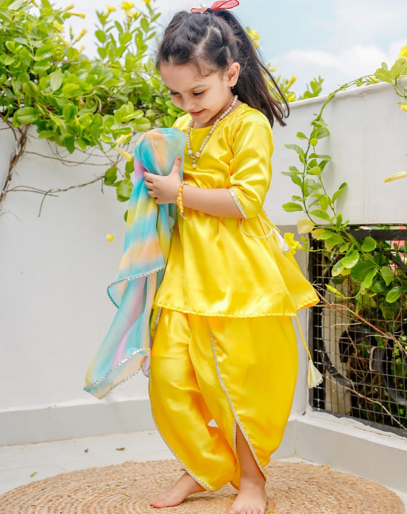Yellow Bandhej Dhoti Set | Designer party wear dresses, Fashion show  dresses, Stylish dresses for girls