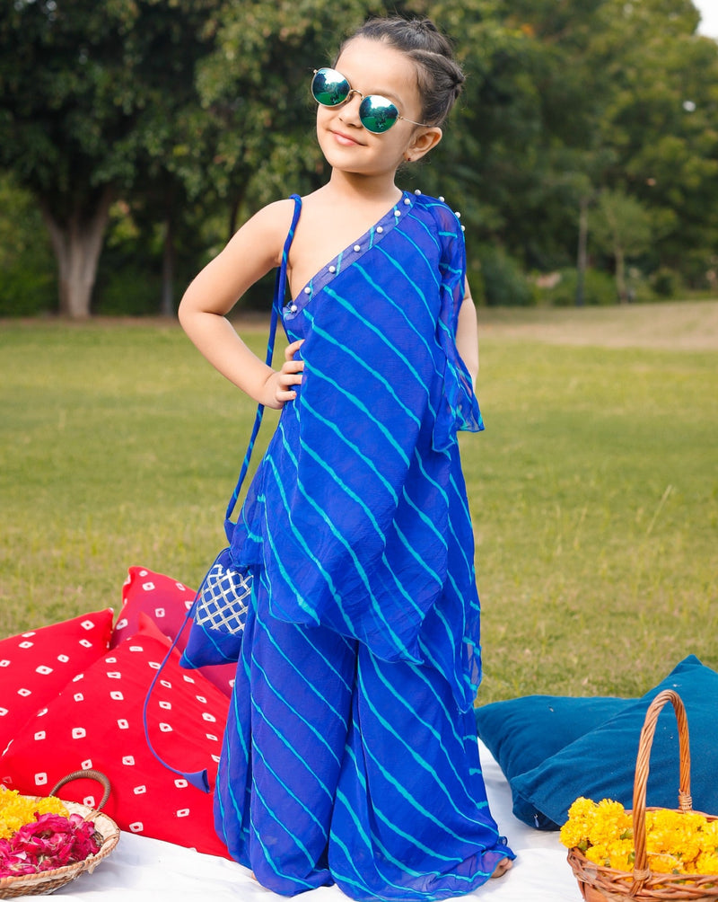 Embellished blue one shoulder kurta set