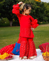 Red Sequin Balloon Sleeves Sharara Set