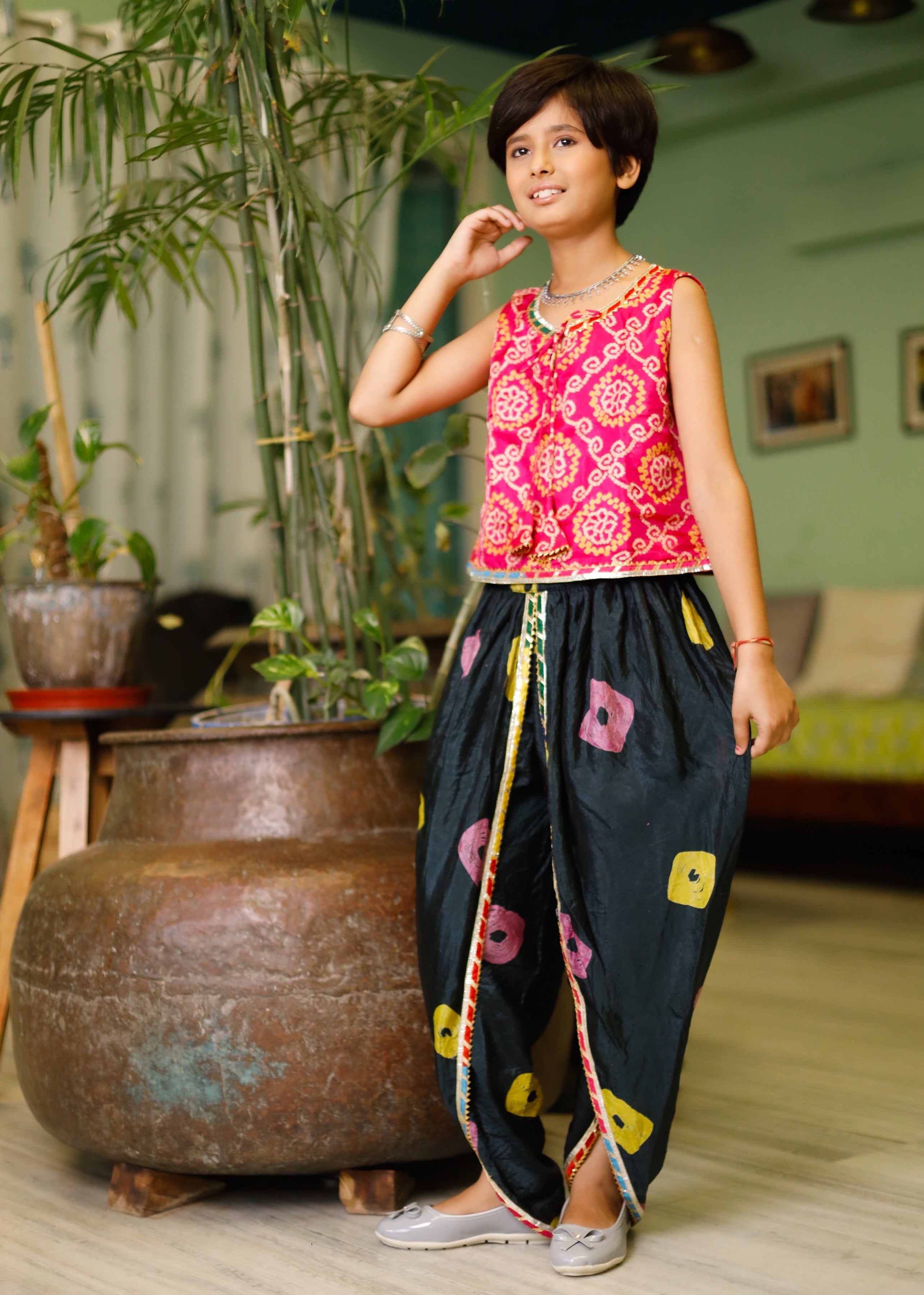 Moose Pink Bandhej Dhoti Set