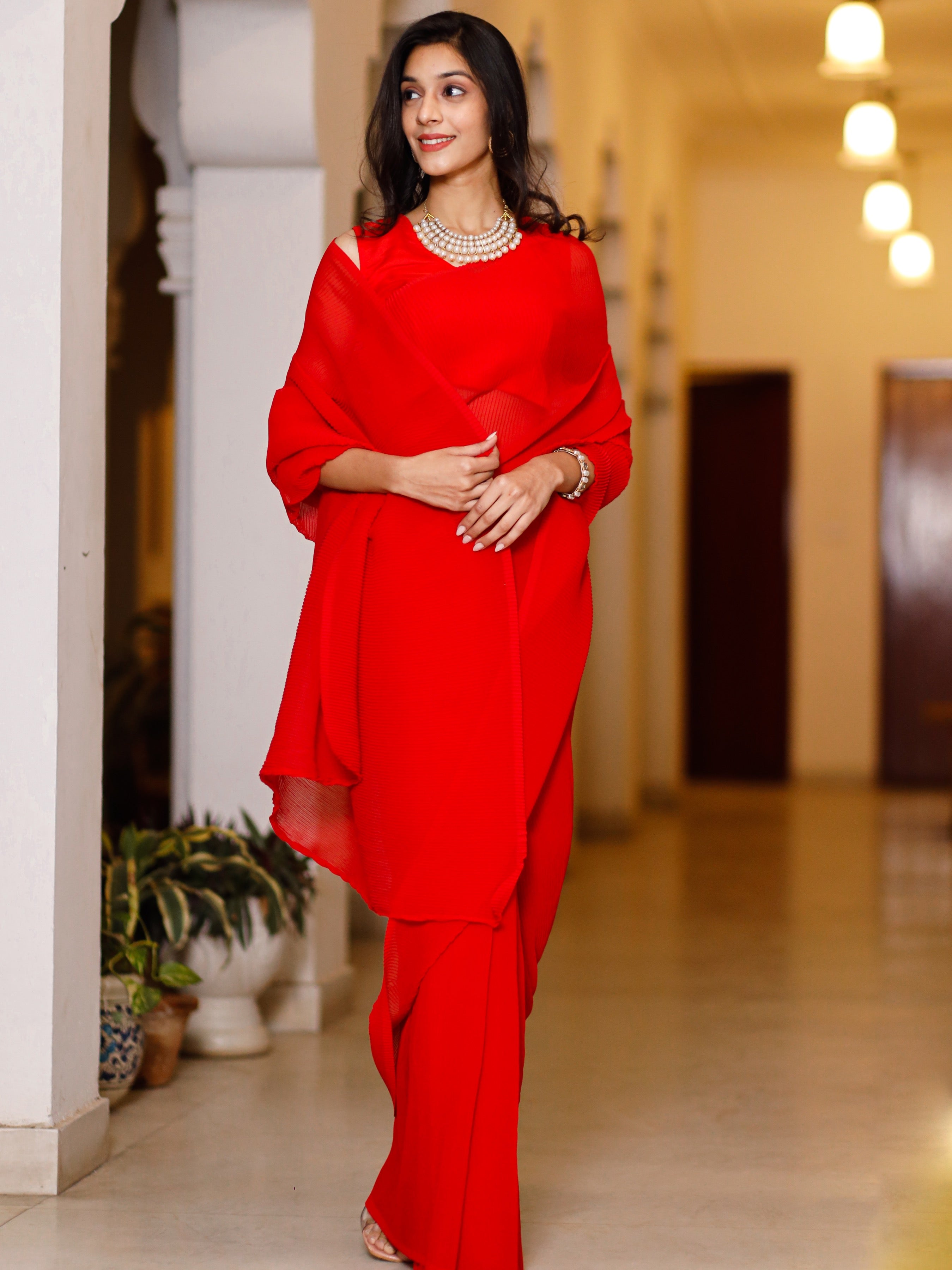 Red Crushed Saree