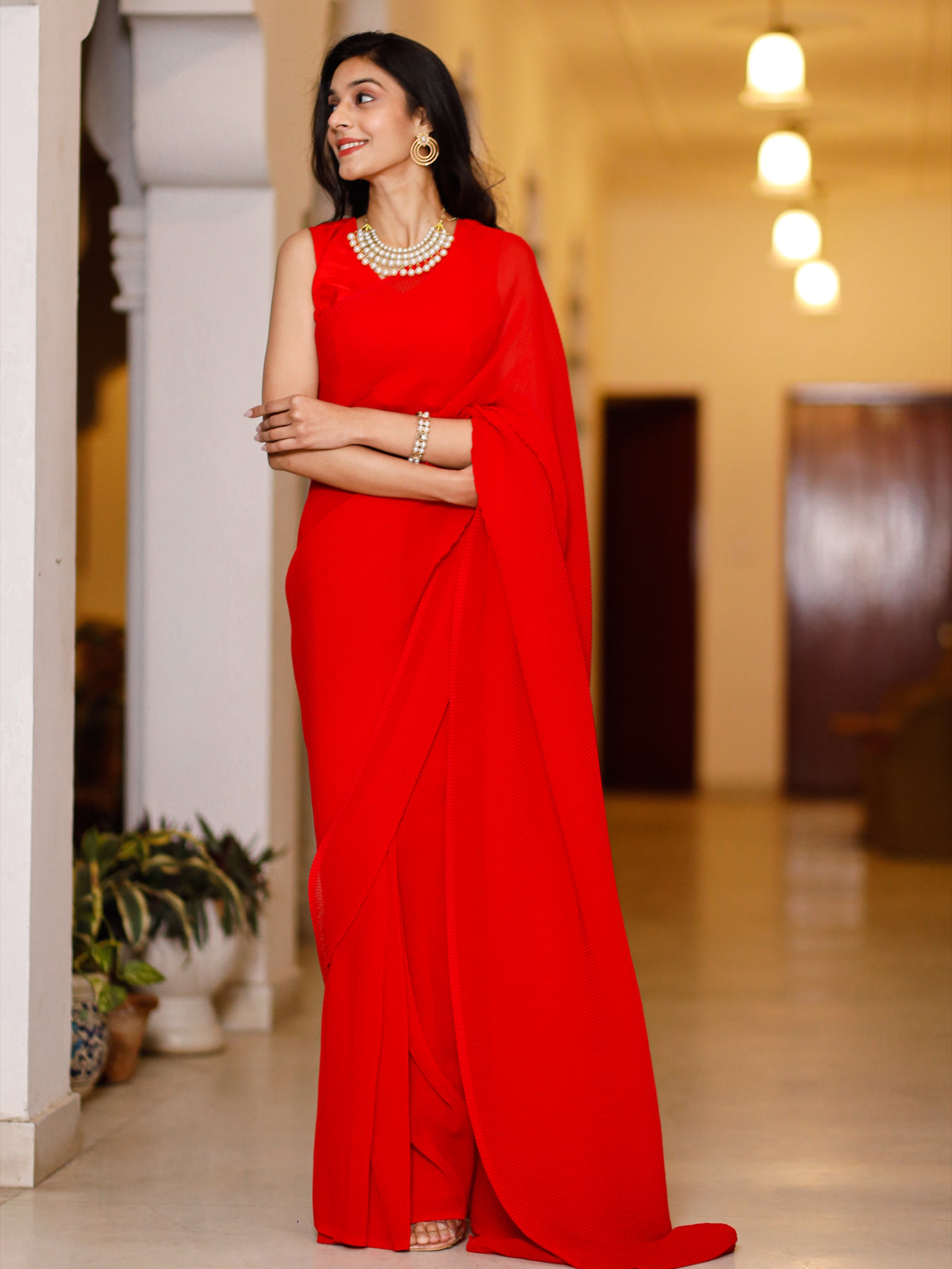 Red Crushed Saree