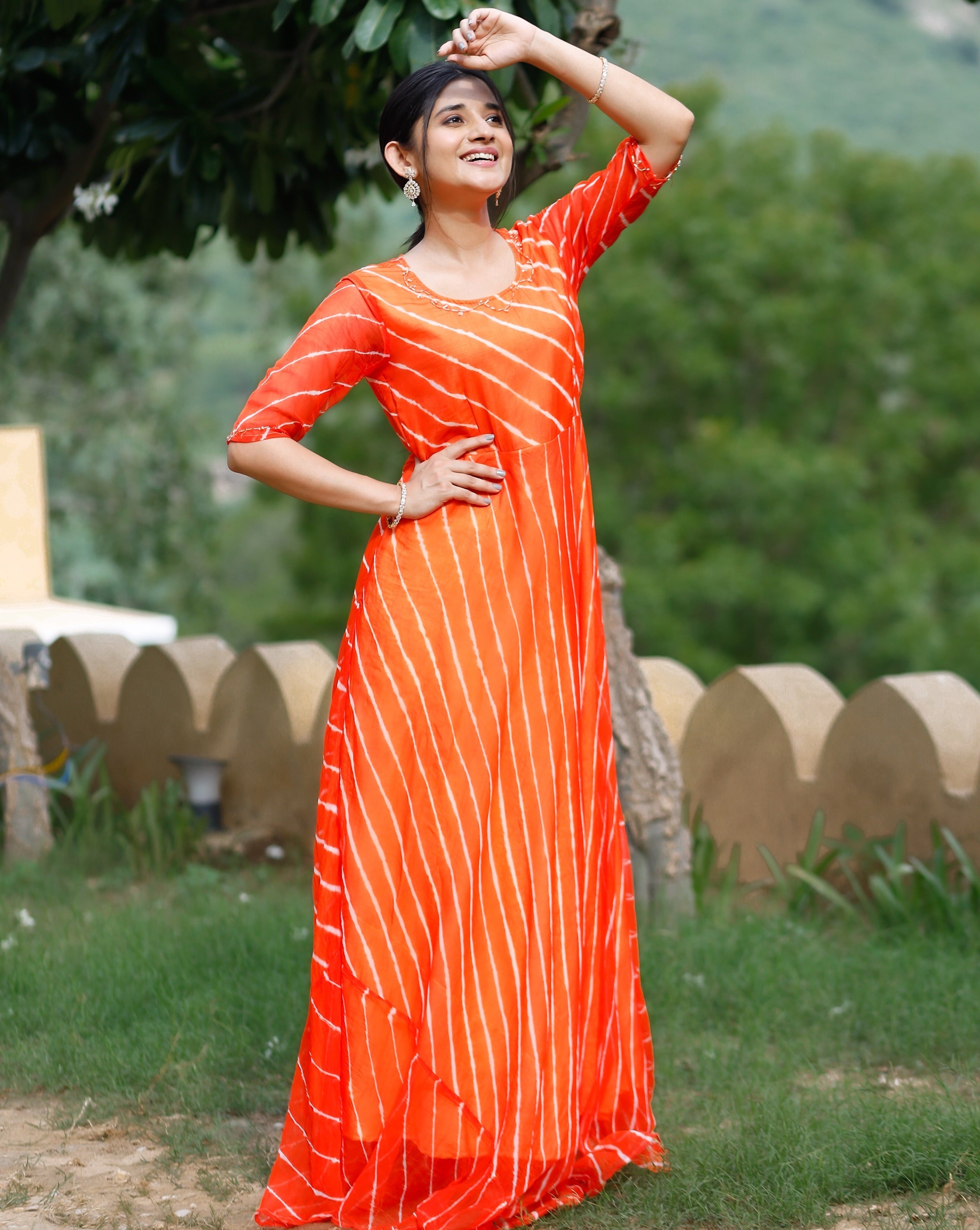 Pearl Orange Lehariya Dress