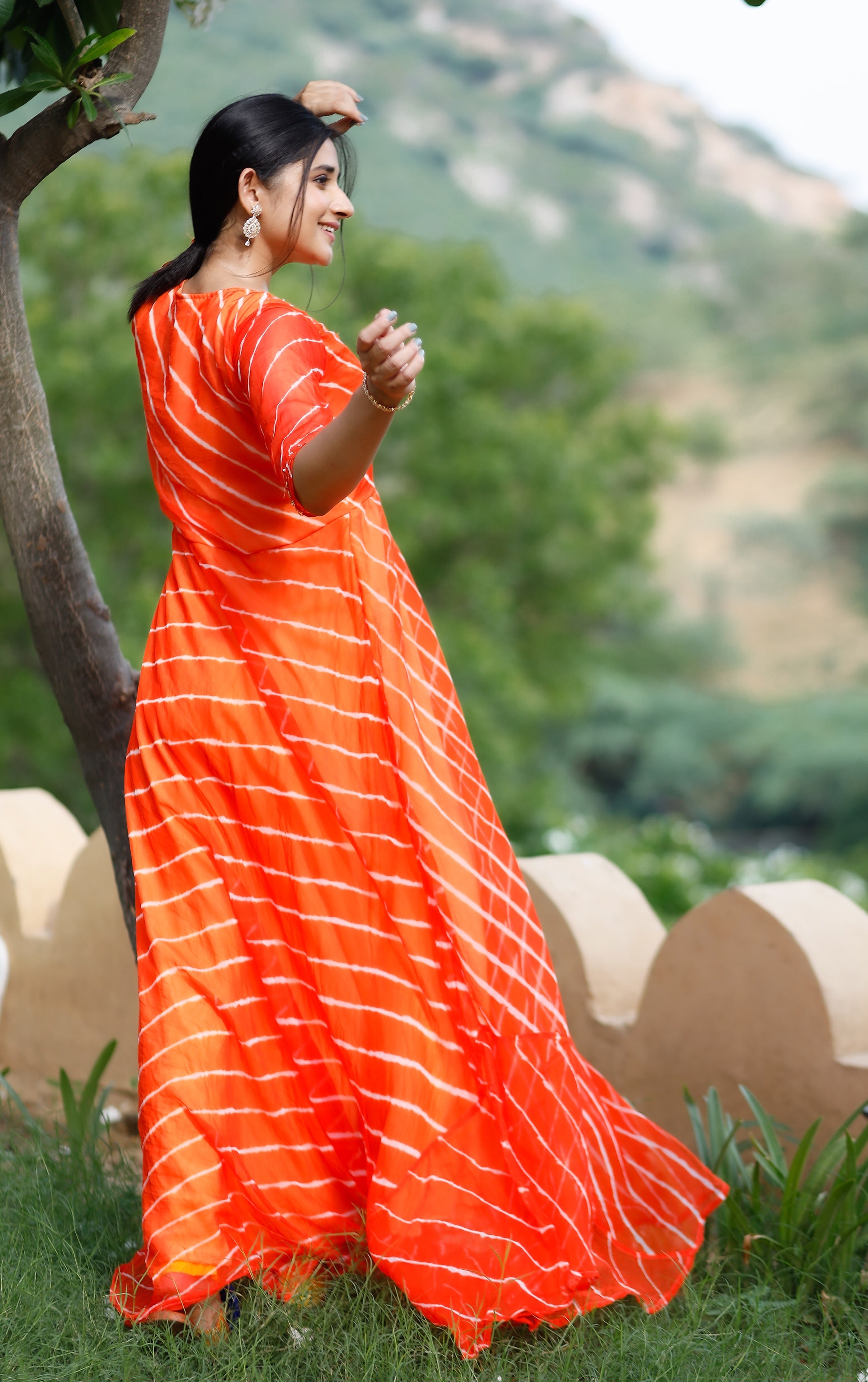 Pearl Orange Lehariya Dress