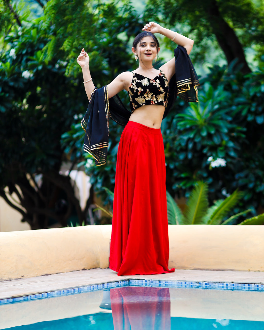 Black crop top and red cheap skirt