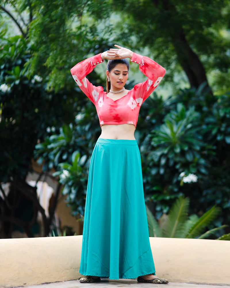 Pisto Peach Crop Top And Skirt