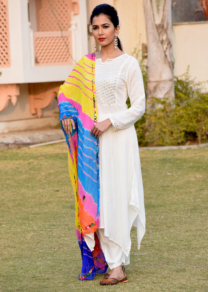 Soft White High Low gota work Kurta Set With Lehariyaan Multi-Coloured Dupatta