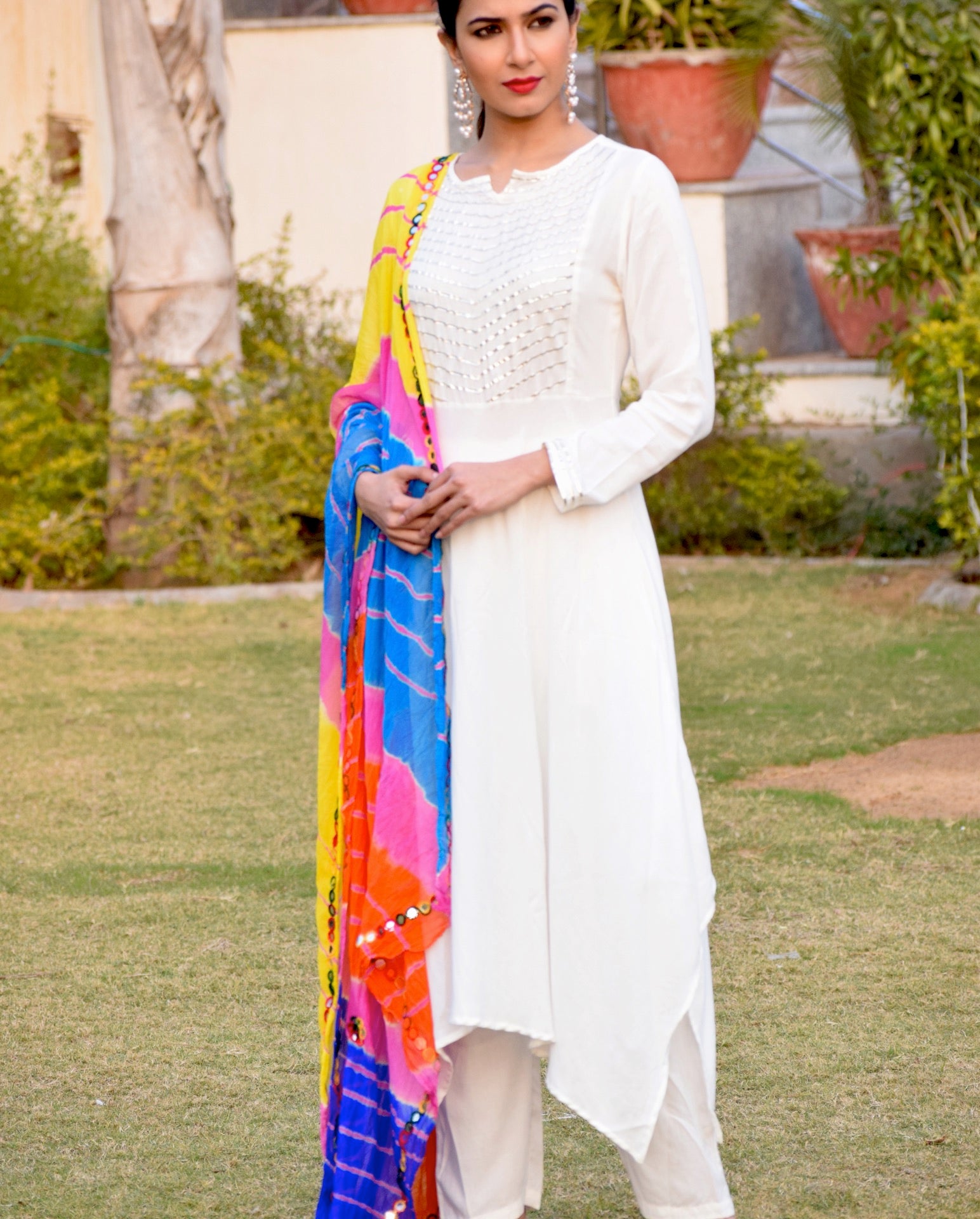 Soft White High Low gota work Kurta Set With Lehariyaan Multi-Coloured Dupatta