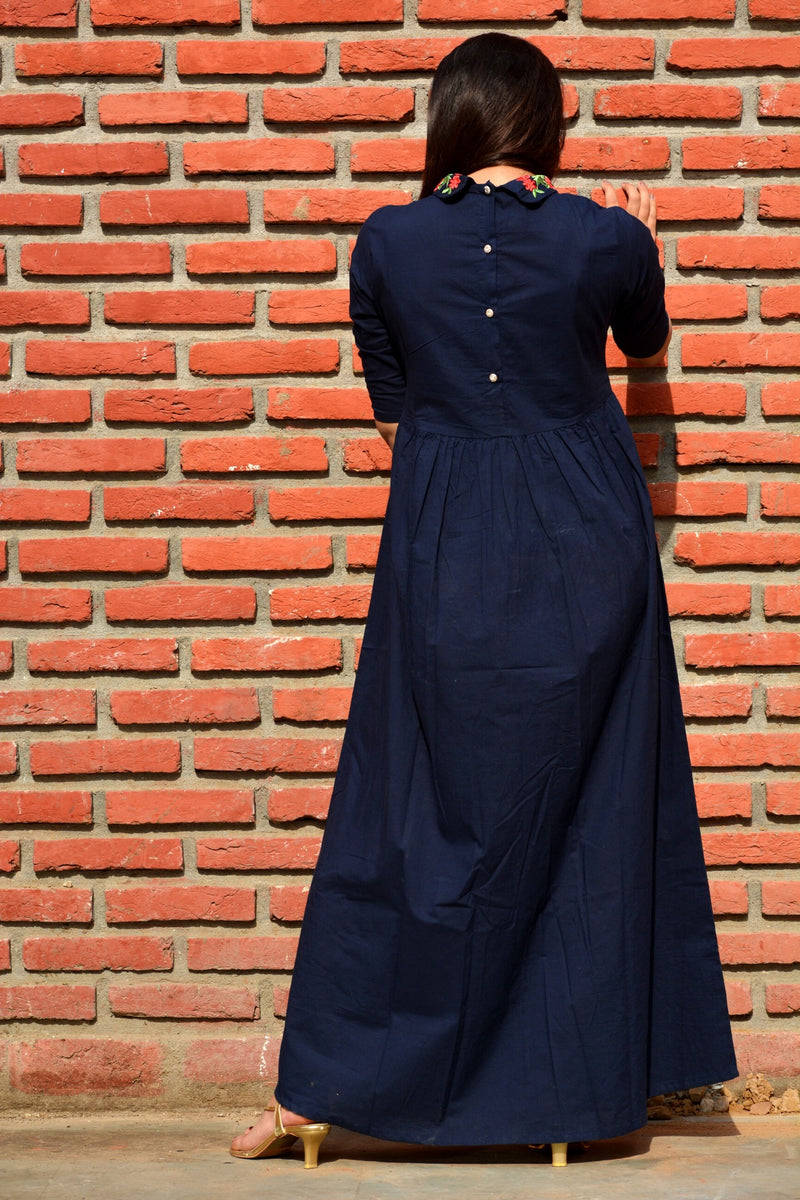 Navy blue maxi dress with embroidery - Thread & Button