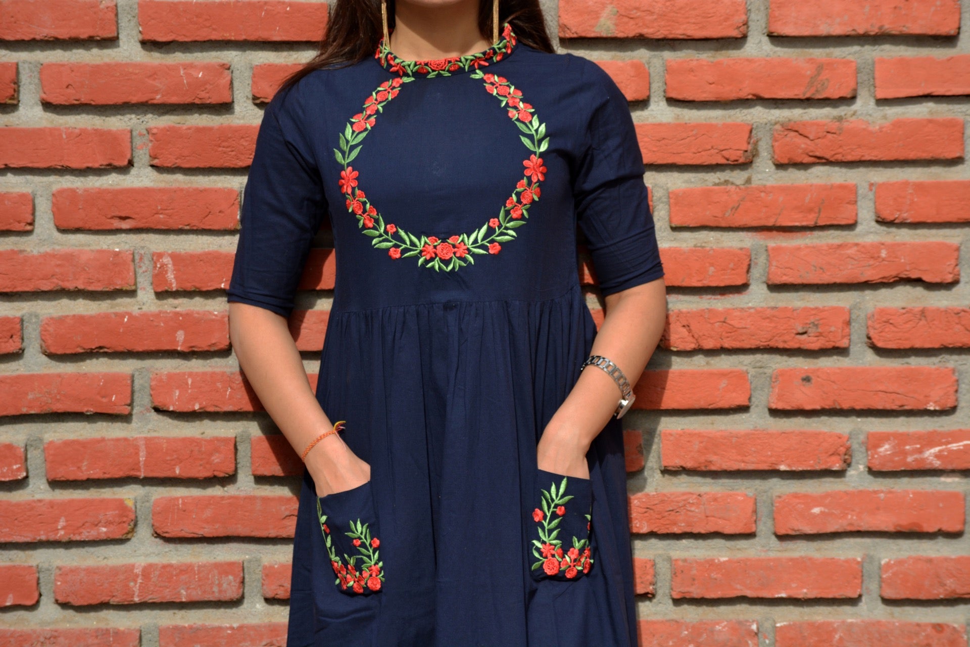 Navy blue maxi dress with embroidery - Thread & Button