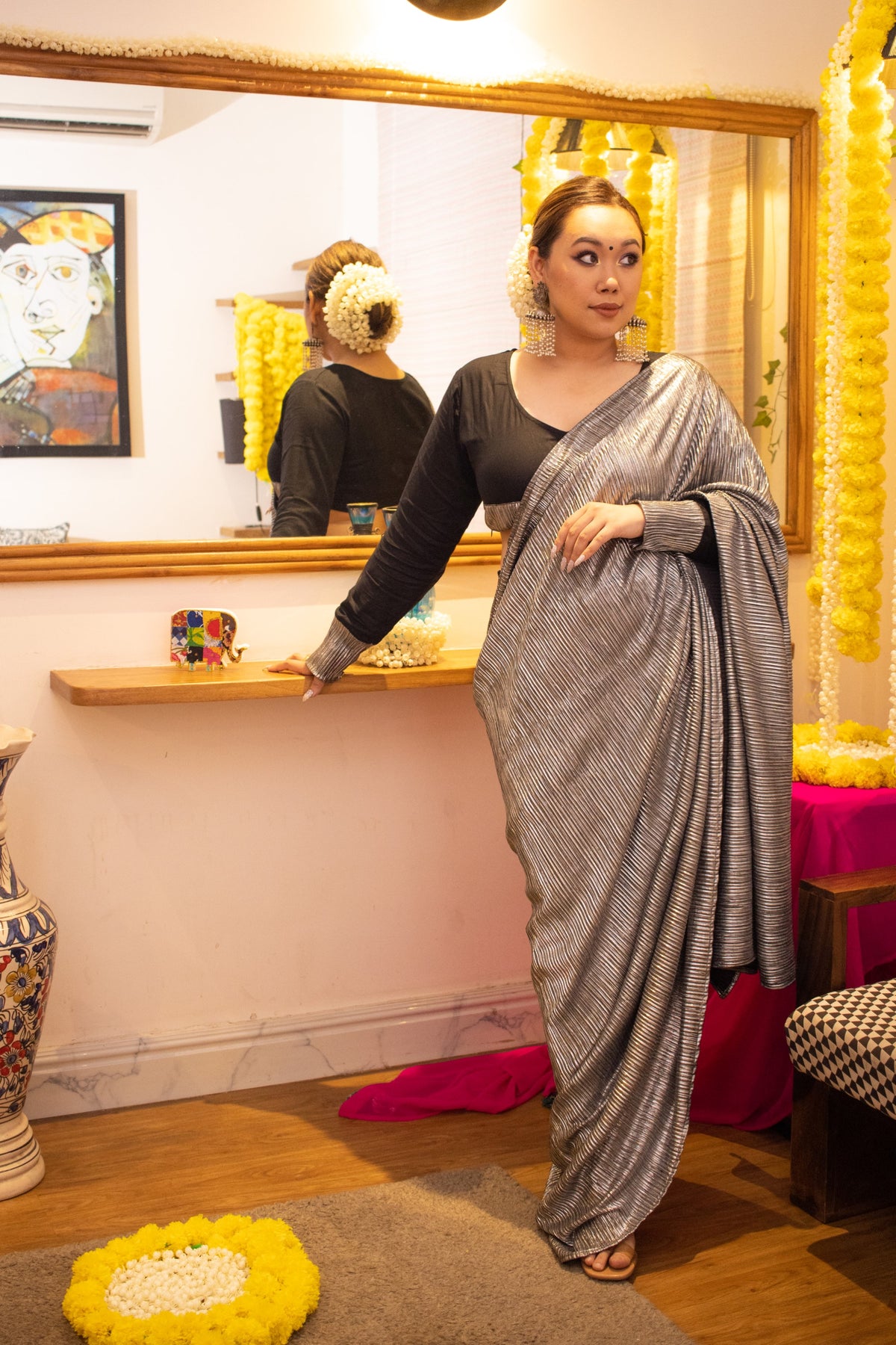 Metallic black tulip pant saree