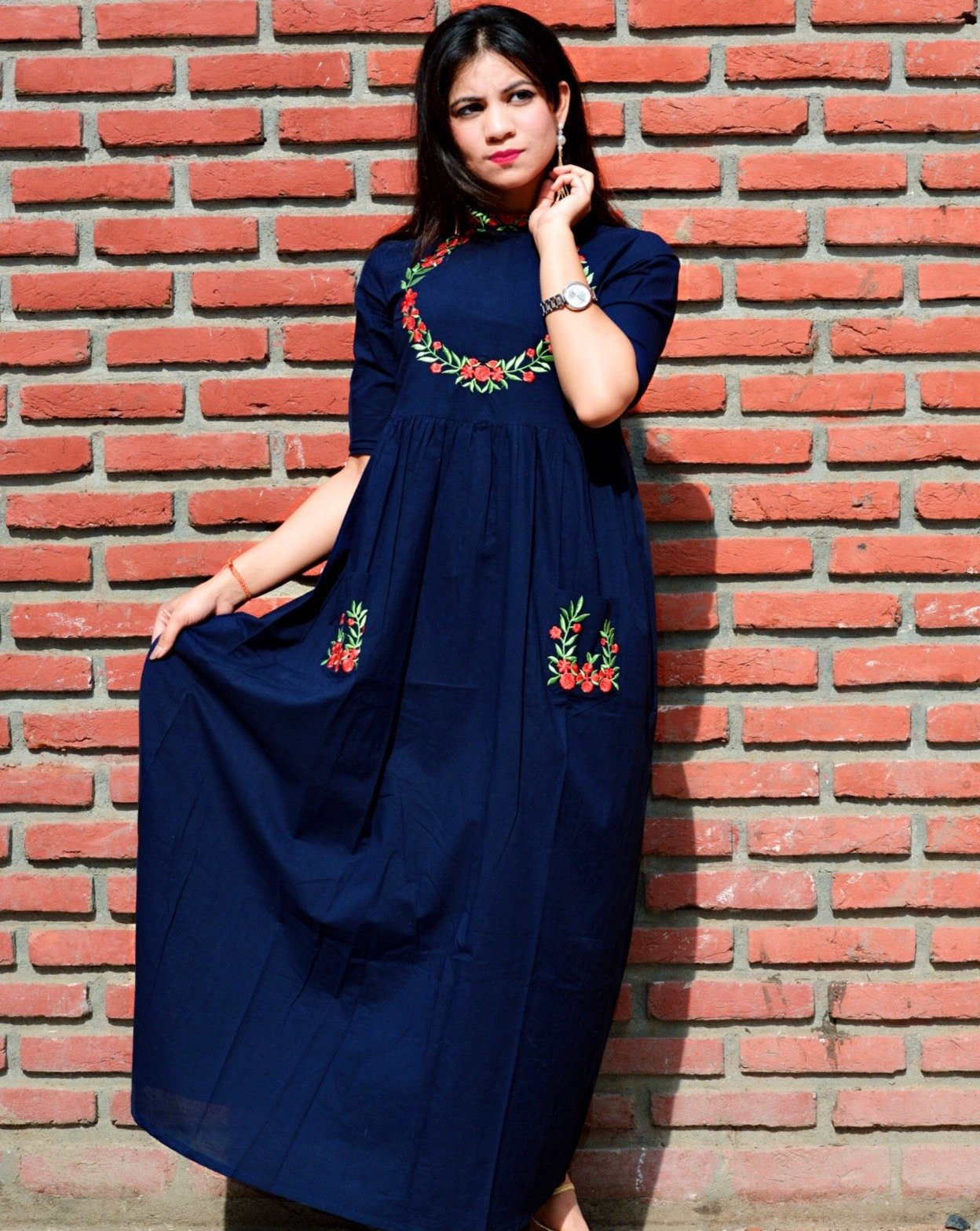 Navy blue maxi dress with embroidery – Thread & Button