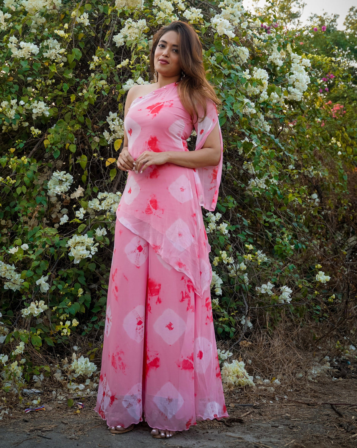 Embellished Peach Pink One shoulder Kurta Set