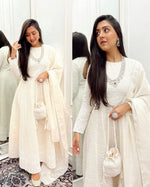 Embellished White Chikankari Suit Set with Potli