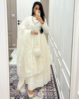 Embellished White Chikankari Suit Set with Potli