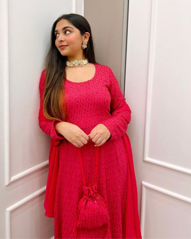 Chikankari Pure Georgette Punjabi Suit in Red : KHS756