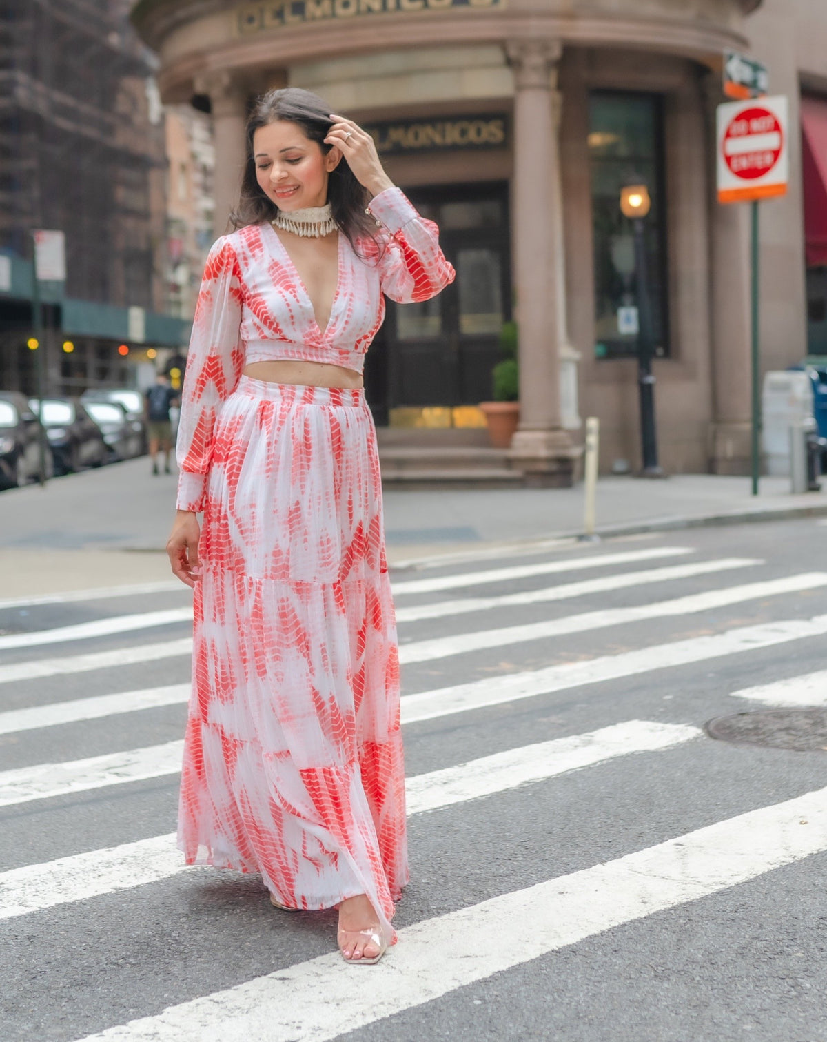 Maya White Orange Crop Top & Skirt