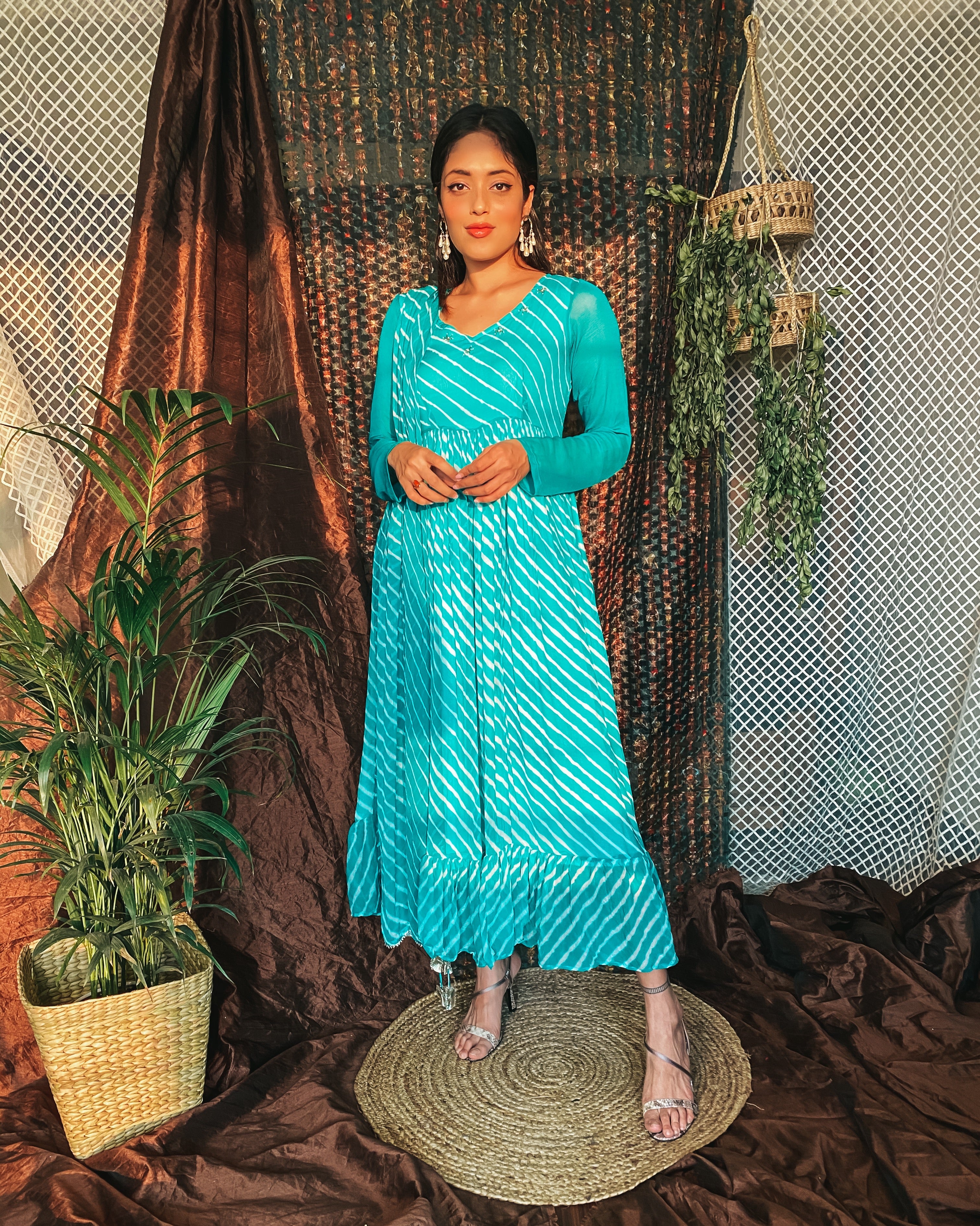 Cadet blue leheriya maxi fusion dress