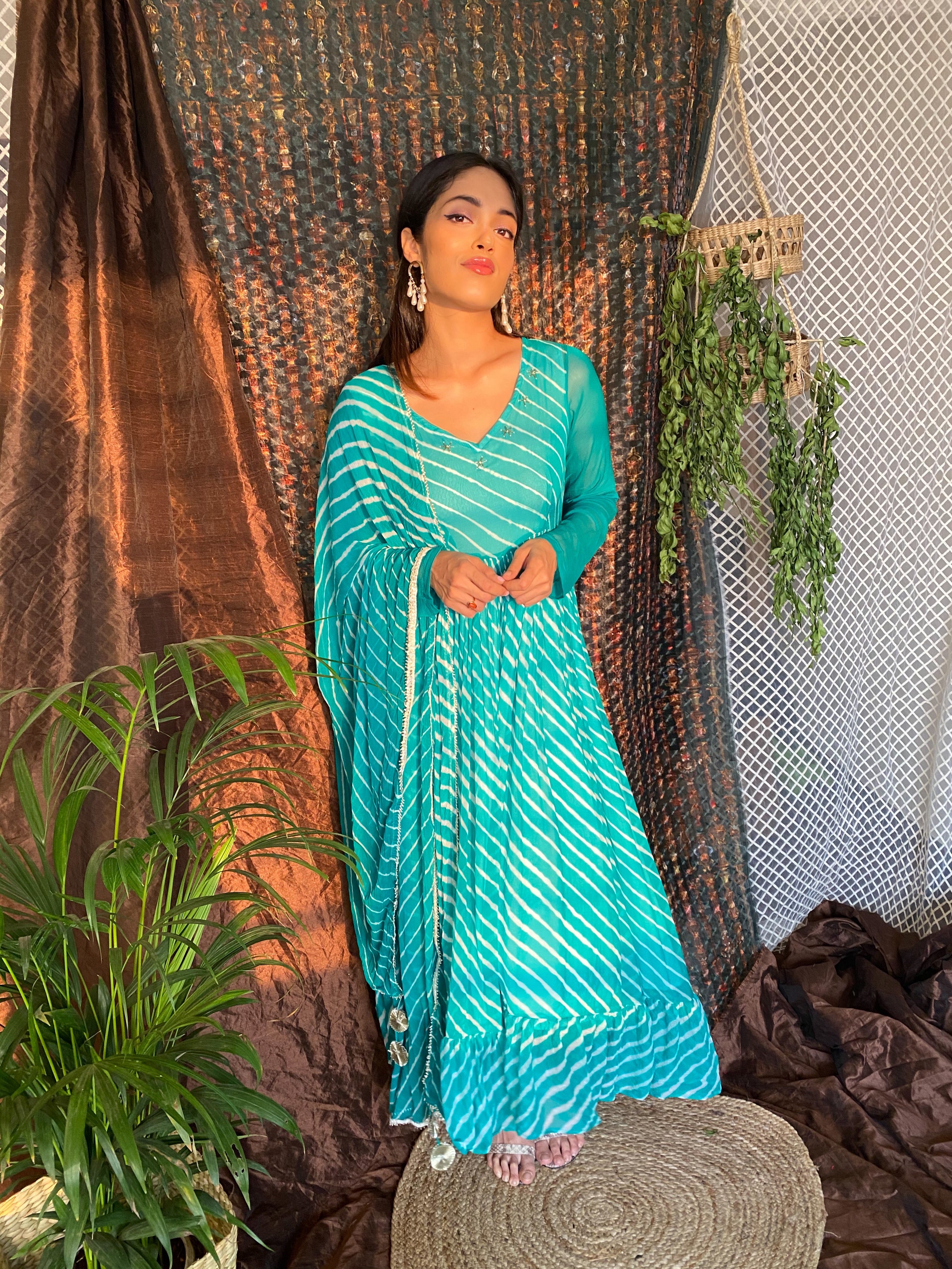 Cadet blue leheriya maxi fusion dress