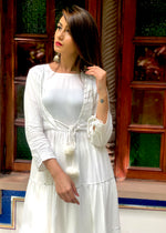 Beautiful white front tie cap dress with silver gotta work