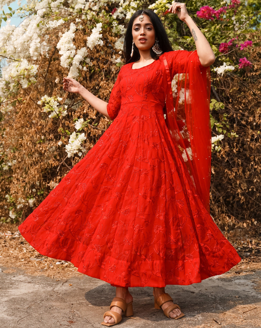 Nidhi Shah Red Color Art Silk Fabric Elegant Party Look Anarkali Suit