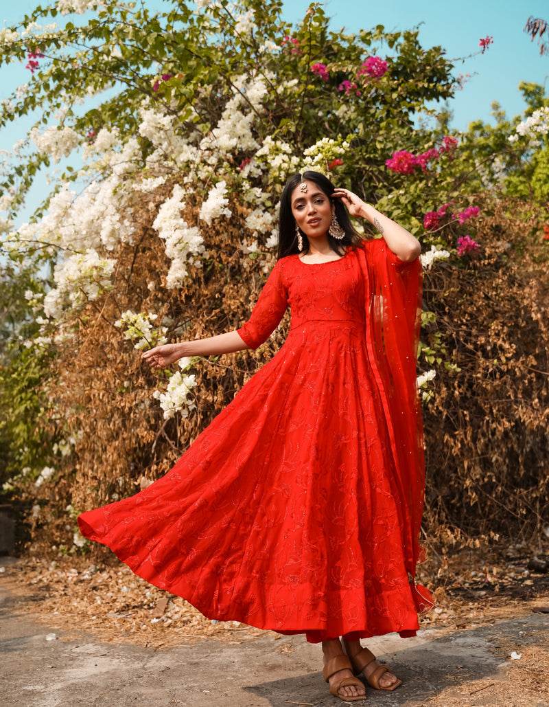 Classic Red Embroidered Anarkali Set