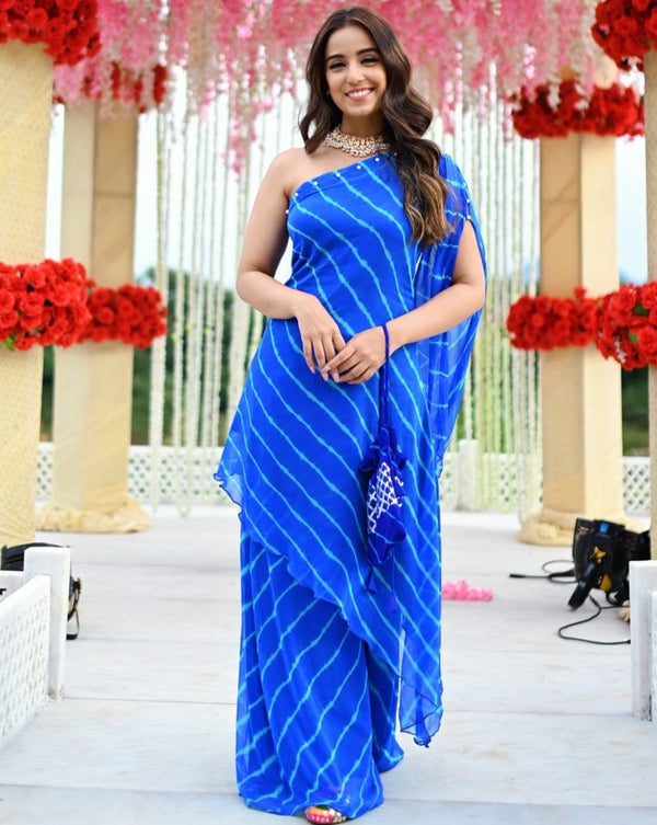 Embellished blue one shoulder womens kurta Set