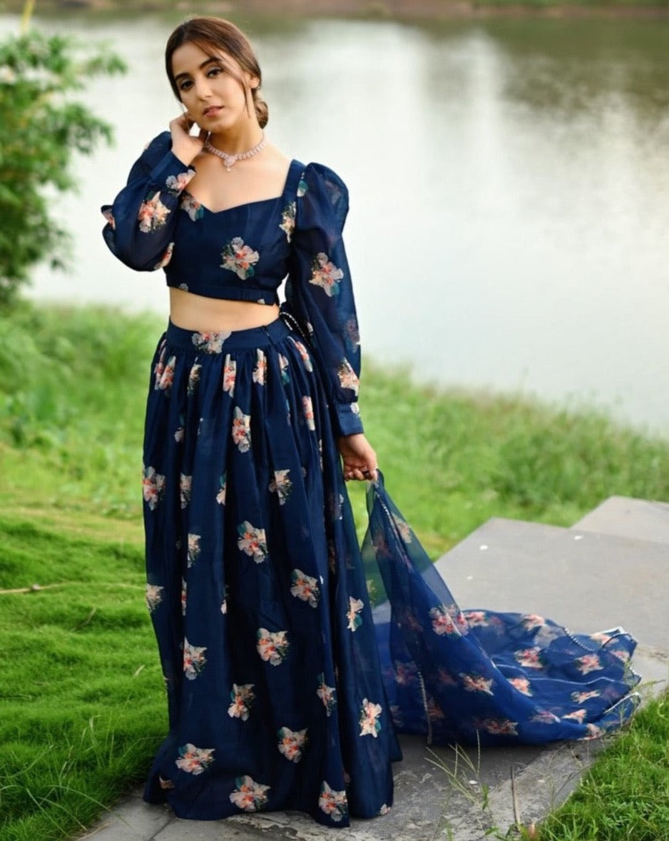 Shiny Blue Organza Blue Lehenga Set