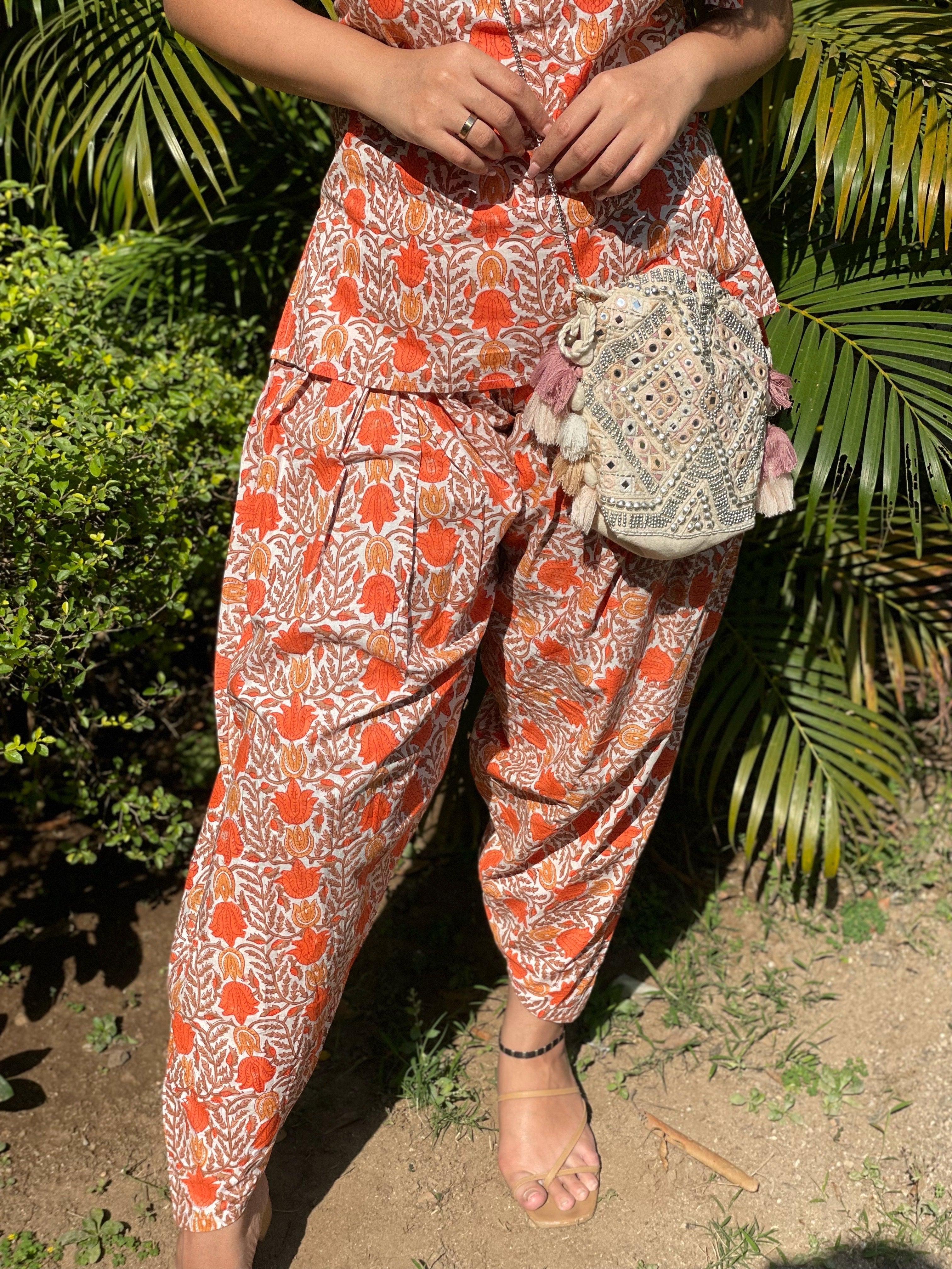 Pearl Orange Block Print Dhoti Set