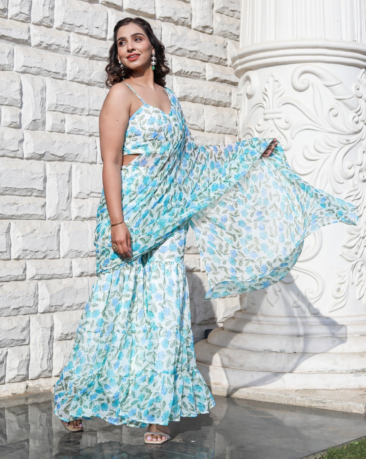 Flora Blue Printed Ruffle Saree
