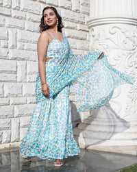 Flora Blue Printed Ruffle Saree