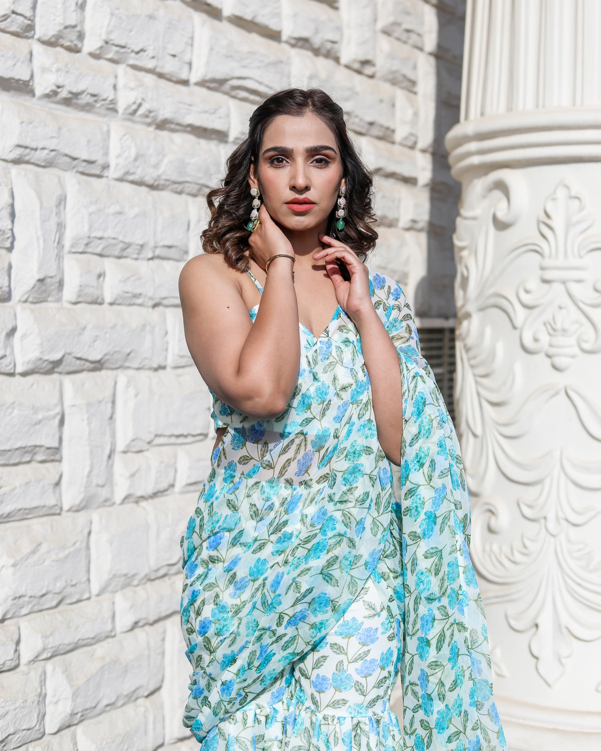 Flora Blue Printed Ruffle Saree