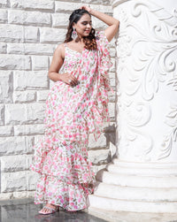 Flora Pink Printed Ruffle Saree